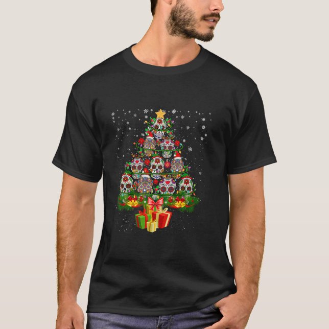 Santa Reindeer Elf Floral Skulls Christmas Tree Li T-Shirt (Front)