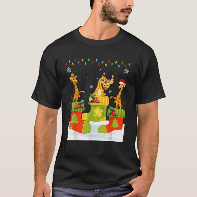 Santa Reindeer Elf Giraffe in Christmas Socks Ugly T-Shirt (Front)