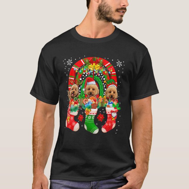 Santa Reindeer Elf Maltipoo Dogs In Christmas Sock T-Shirt (Front)