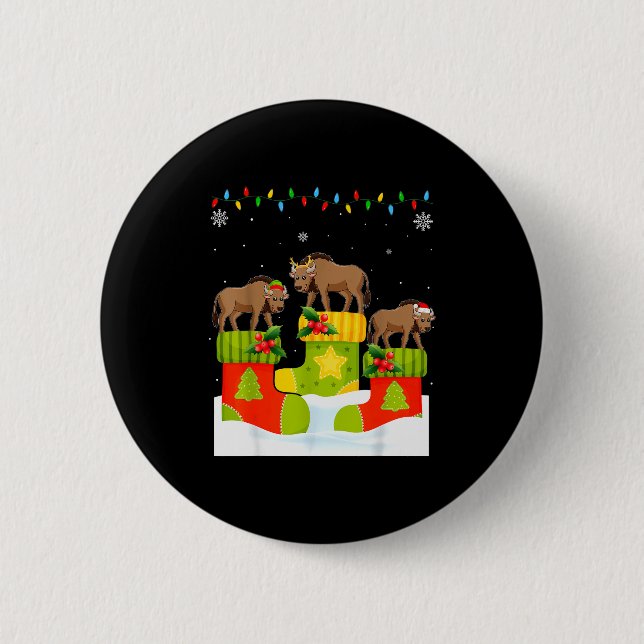 Santa Reindeer Elf Wildebeest In Christmas Socks U 2 Inch Round Button (Front)