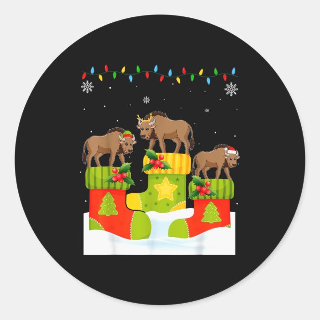 Santa Reindeer Elf Wildebeest In Christmas Socks U Classic Round Sticker (Front)