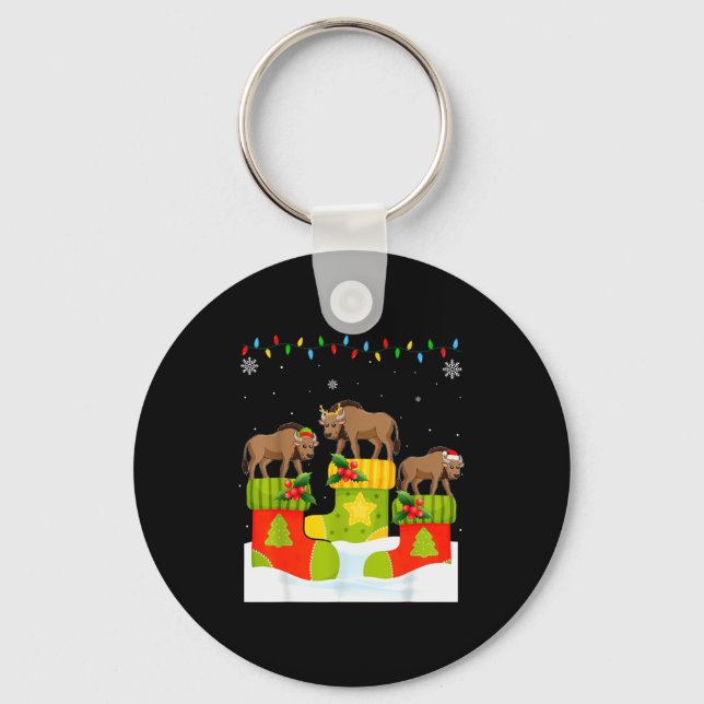 Santa Reindeer Elf Wildebeest In Christmas Socks U Keychain (Front)
