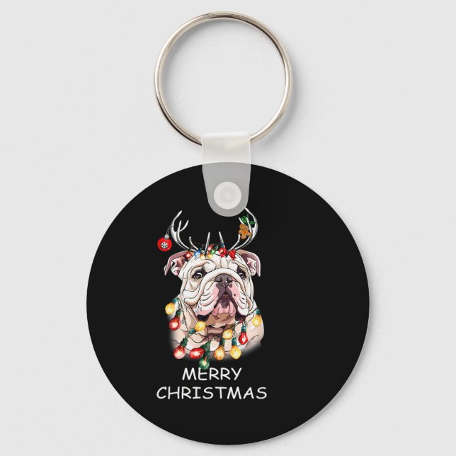 Santa Reindeer English Bulldog Dog Christmas Light Keychain (Front)