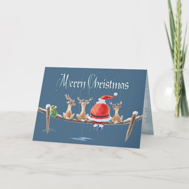 SANTA & REINDEER fishin & TEXT by SHARON SHARPE Holiday Card (Front)