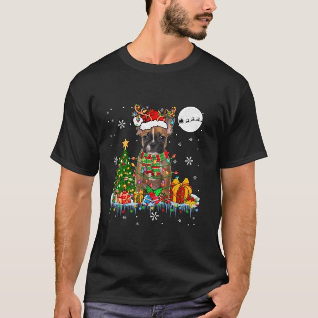 Santa Reindeer French Bulldog Christmas Tree Dog L T-Shirt (Front)