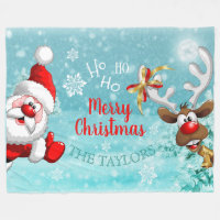 Santa Reindeer Merry Christmas Fleece Blanket
