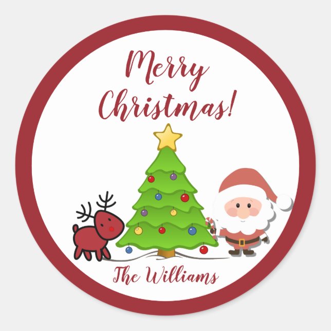 Santa & Reindeer Merry Christmas Round Stickers (Front)