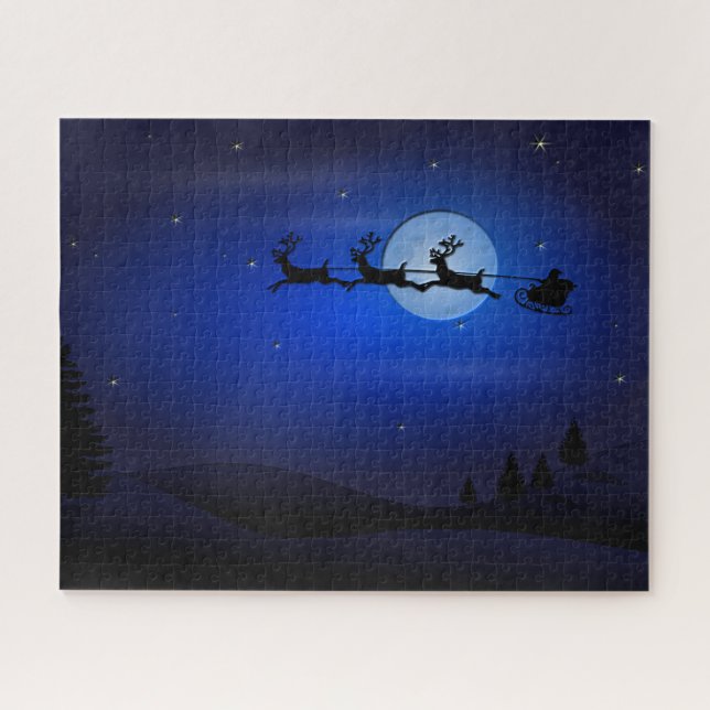 Santa Reindeer Over Moon in Blue Jigsaw Puzzle (Horizontal)