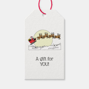 Santa Reindeer Over Snow Covered Town Lt Moon Gift Tags
