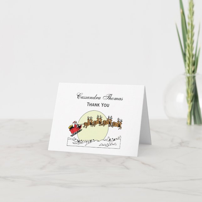 Santa Reindeer Over Snow Covered Town Lt Moon Holiday Card (Front)