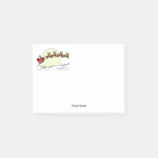 Santa Reindeer Over Snow Covered Town Lt Moon Post-it Notes (Front)