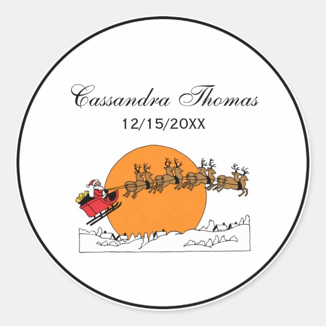 Santa Reindeer Over Snow Covered Town Moon Classic Round Sticker (Front)