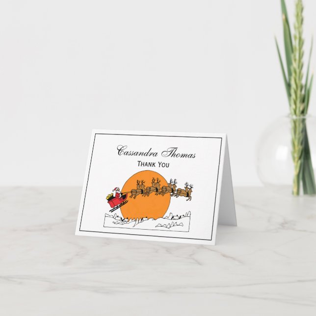 Santa Reindeer Over Snow Covered Town Moon Holiday Card (Front)