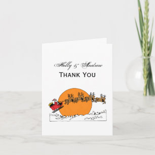 Santa Reindeer Over Snow Covered Town Moon Holiday Card