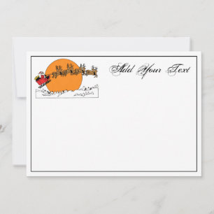 Santa Reindeer Over Snow Covered Town Moon Holiday Card