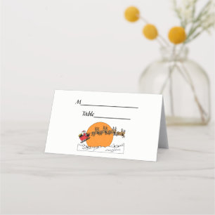 Santa Reindeer Over Snow Covered Town Moon Place Card