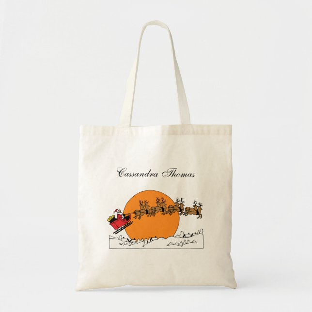 Santa Reindeer Over Snow Covered Town Moon Tote Bag (Front)