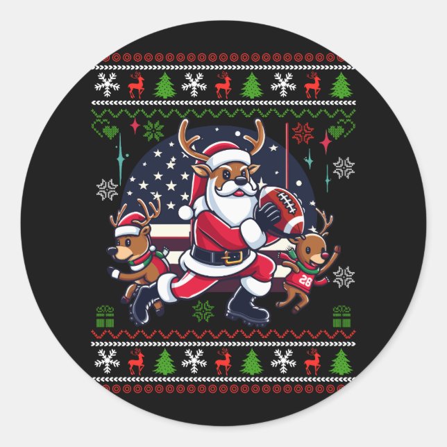 Santa Reindeer Play American Football Ugly Christm Classic Round Sticker (Front)