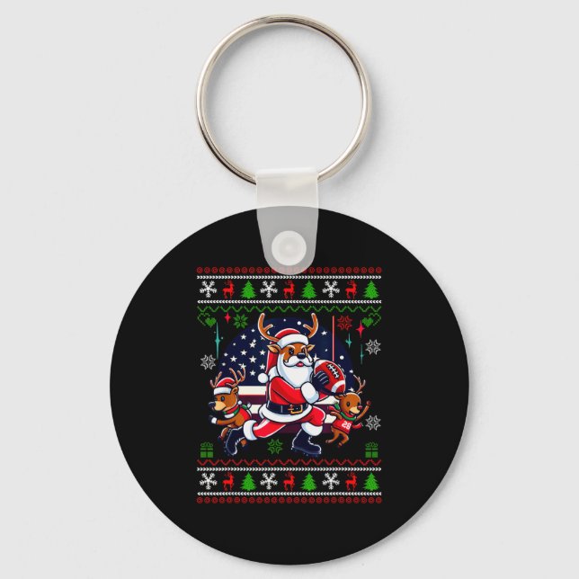 Santa Reindeer Play American Football Ugly Christm Keychain (Front)