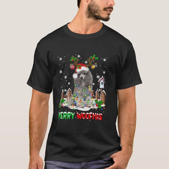 Santa Reindeer Poodle Dog Christmas Lights Long Sl T-Shirt (Front)