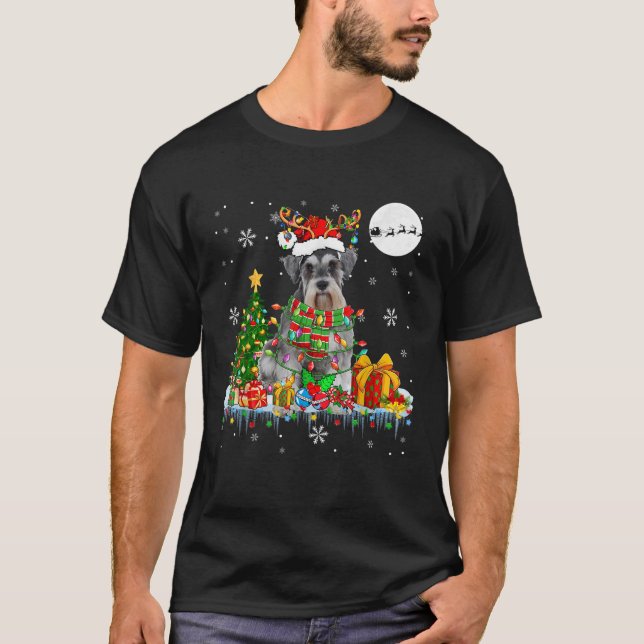 Santa Reindeer Schnauzer Christmas Tree Lights Dog T-Shirt (Front)
