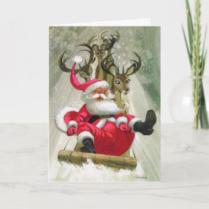 Santa & Reindeer Sleigh Riding Modern Vintage Holi Card