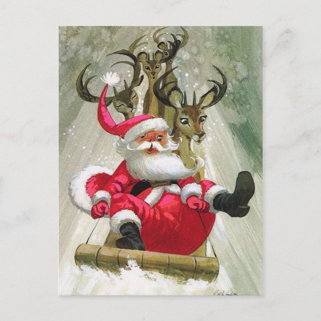 Santa & Reindeer Sleigh Riding  Modern Vintage Holiday Postcard (Front)