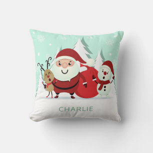 Santa, Reindeer & Snowman custom name throw pillow