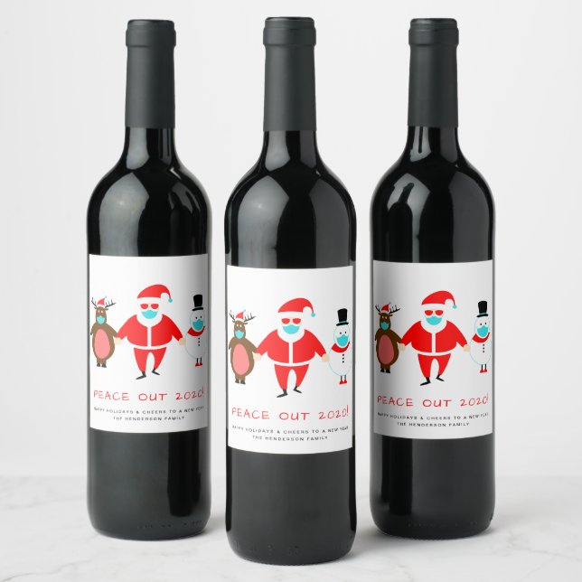 Santa Reindeer Snowman Face Mask Peace Out 2020 Wine Label (Bottles)