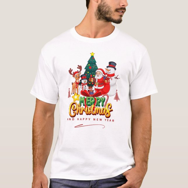 🎄 Santa, Reindeer & Snowman with Christmas Tree – T-Shirt (Front)