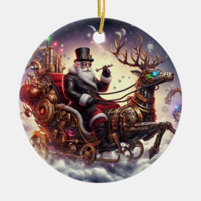 Santa/Reindeer steampunk Christmas/winter Ceramic Ornament (Front)