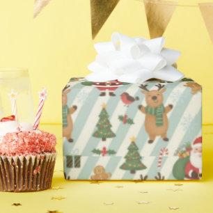 Santa & Reindeer Striped Christmas Wrapping Paper