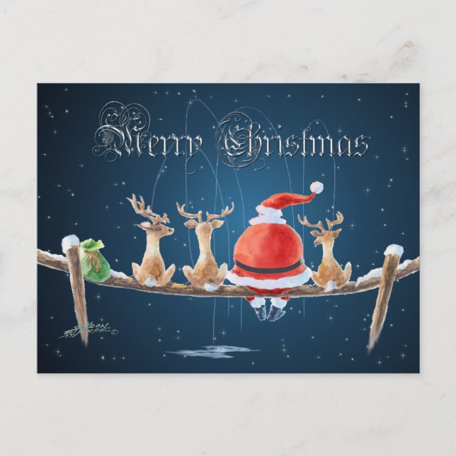 SANTA & REINDEER & TEXT by SHARON SHARPE Holiday Postcard (Front)