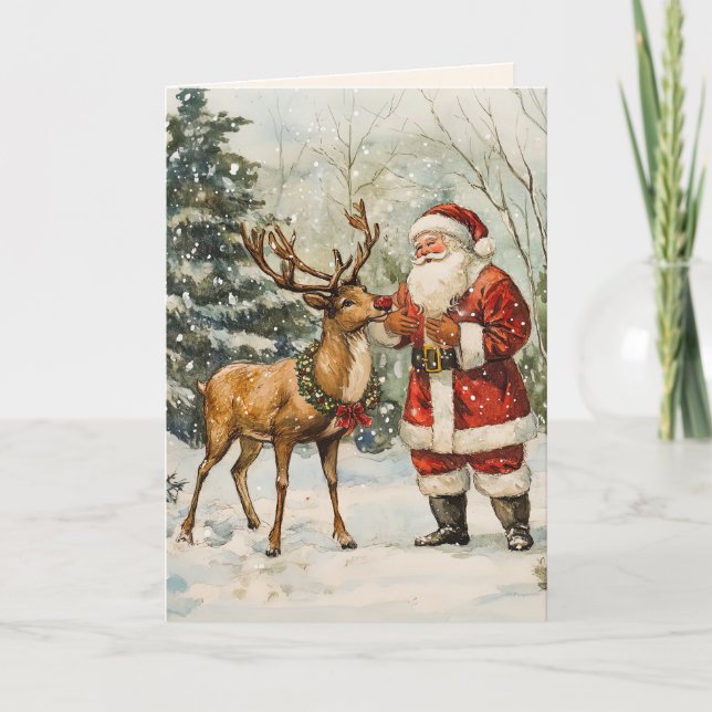 Santa Reindeer Vintage Thank You Christmas Card (Front)