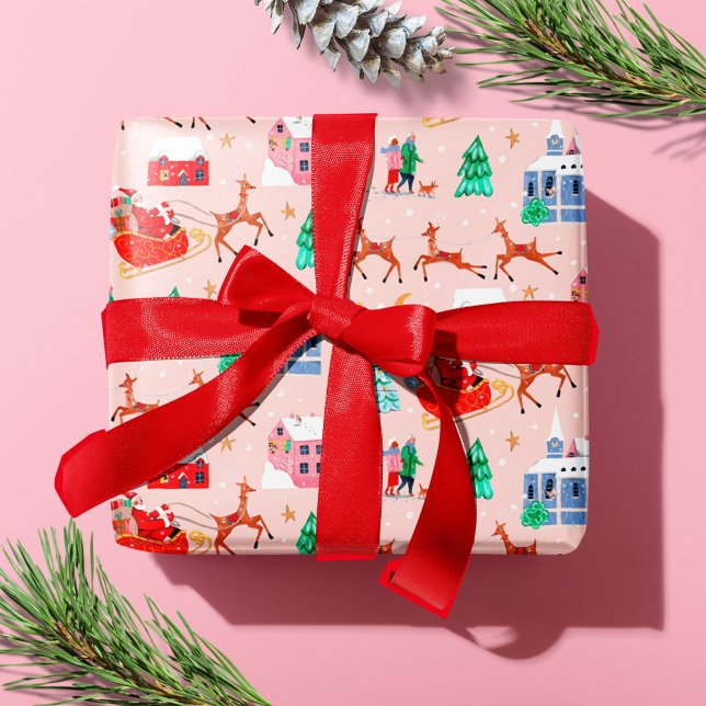 Santa & Reindeers Pink Christmas Nordic Village Wrapping Paper (Santa & Reindeers Pink Christmas Nordic Village Wrapping Paper)