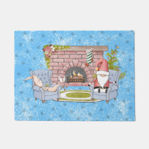 Santa Relaxing by the Fireplace with Easter Bunny  Doormat
