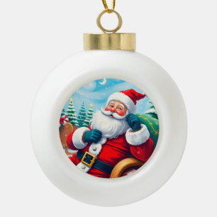 🎅 Santa Relaxing in Cozy Christmas Sleigh ❄️ Ceramic Ball Christmas Ornament