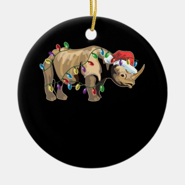 Santa Rhino Christmas Lights Rhino Lover Christmas Ceramic Ornament (Front)