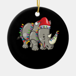 Santa Rhino Christmas Lights Rhino Lover Christmas Ceramic Ornament