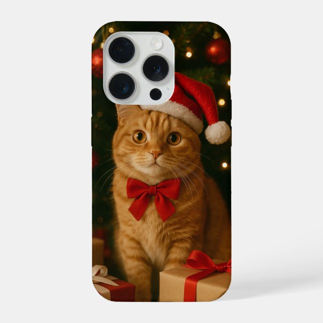 Santa Ribbon Cat iPhone 15 Pro Case (Back)