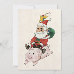 Santa Ridding A Pig With A Mouse Holding On cards