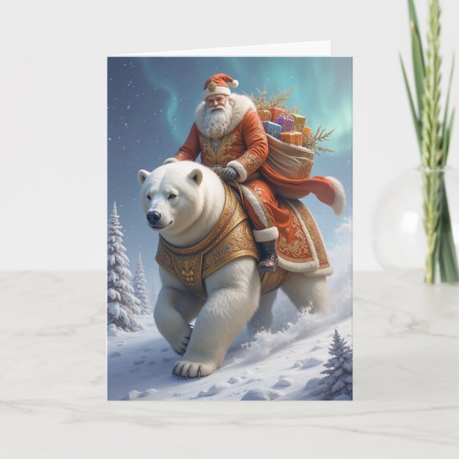 Santa Rides a Polar Bear Christmas Card (Front)