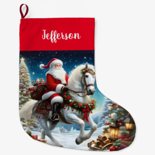 Santa Rides a White Horse Large Christmas Stocking