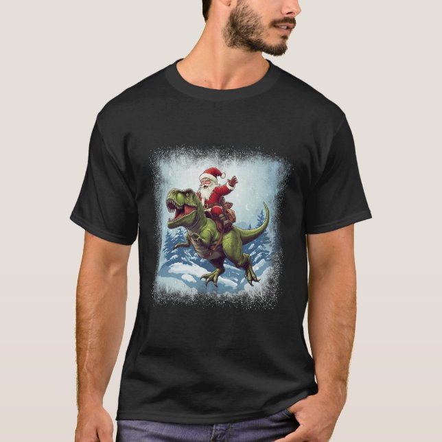 Santa Riding A Dinosaur T-rex Funny Christmas  T-Shirt (Front)