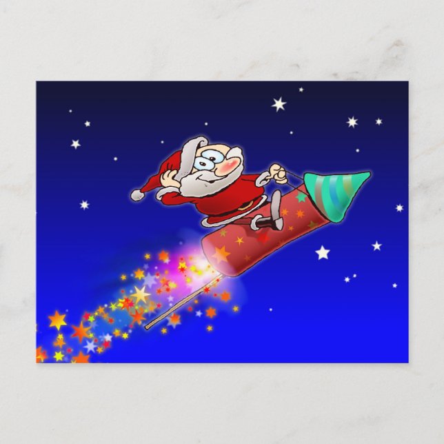 Santa Riding A Fireworks Rocket On A Starry Night Holiday Postcard (Front)
