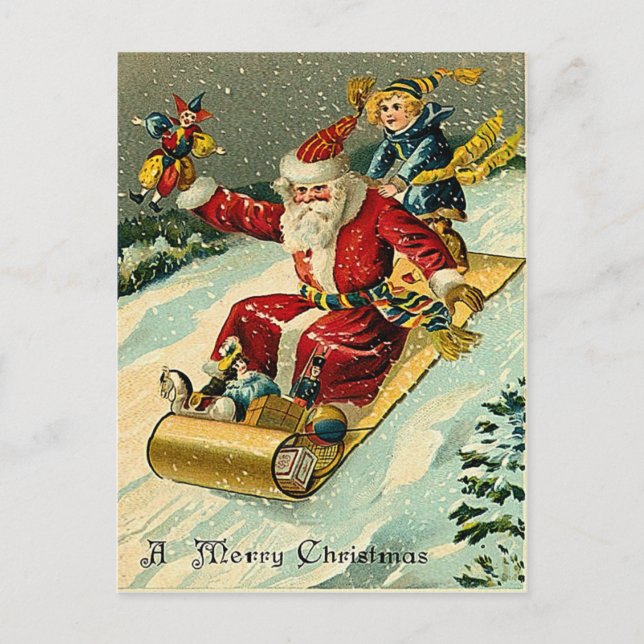Santa riding a golden magical carpet holiday postcard (Front)