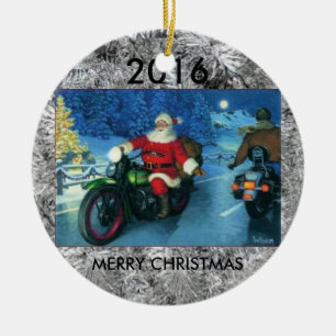 Santa riding a motorcycle christmas tree ornament