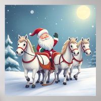 Santa Riding a Sleigh Led by White Horses