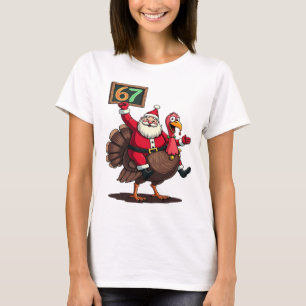 🎅🦃 Santa Riding a Turkey with Number 67 Funny T-Shirt