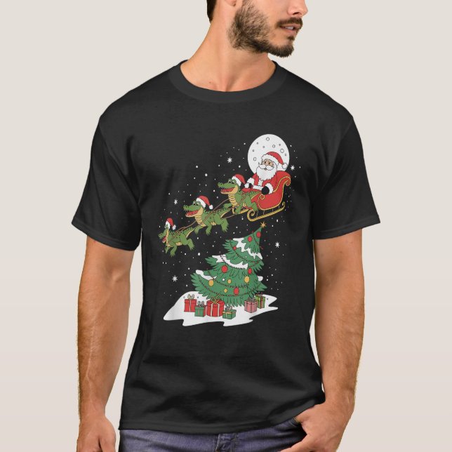 Santa Riding Alligator Christmas Lighting Tree Kid T-Shirt (Front)